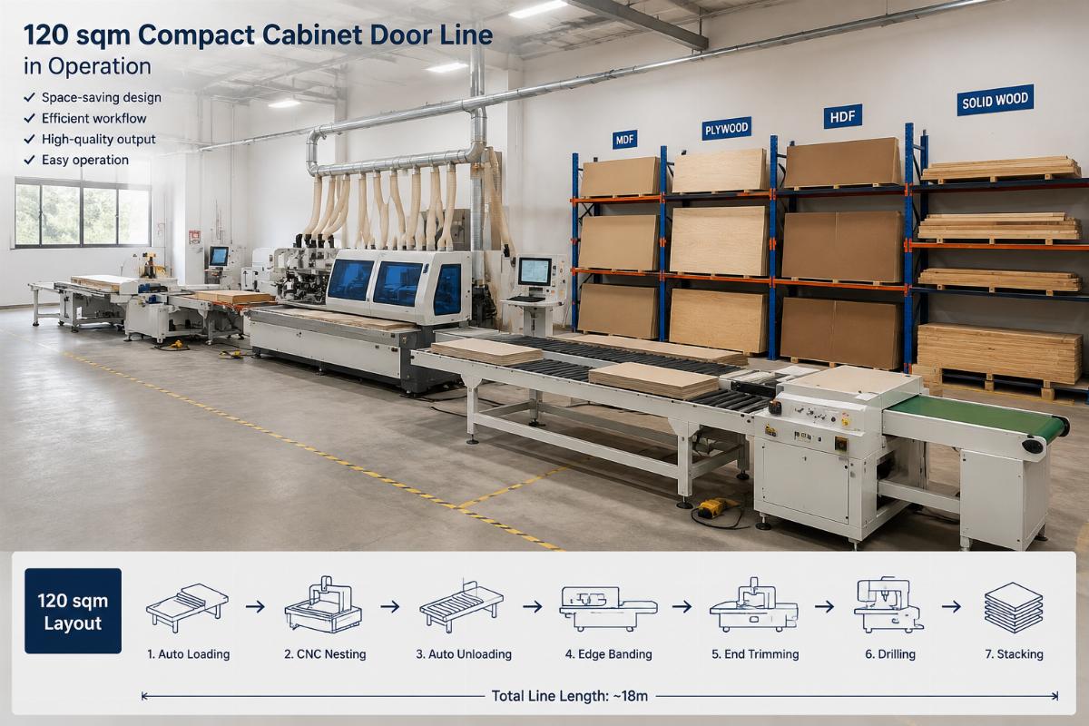 small workshop compact line layout 120 sqm compact cabinet door line in operation with material racks along the wall