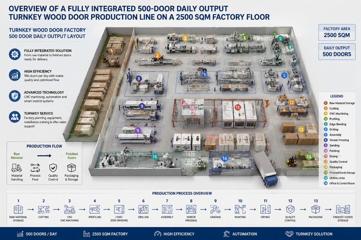 Turnkey wood door factory 500 door daily output layout Overview of a fully integrated 500-door daily output turnkey wood door production line on a 2500 sqm factory floor