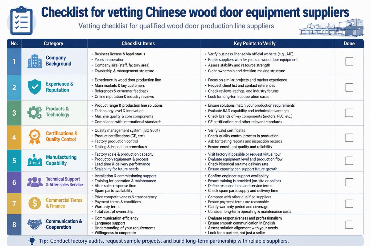 Vetting checklist for qualified wood door production line suppliers Checklist for vetting Chinese wood door equipment suppliers