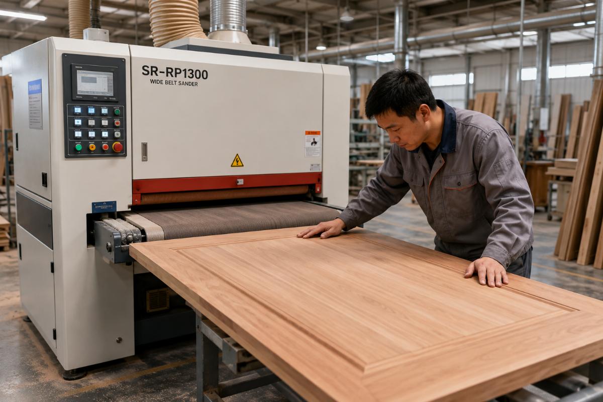 Wide belt sander for door finishing quality check A worker inspecting the smooth sanded surface of a solid wood door next to an operating wide belt sander