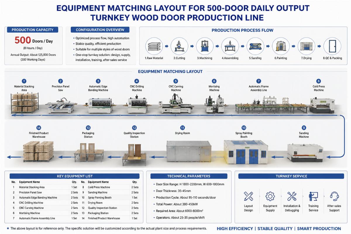 Wood door manufacturing equipment matching for 500 daily output Equipment matching layout for 500-door daily output turnkey wood door production line