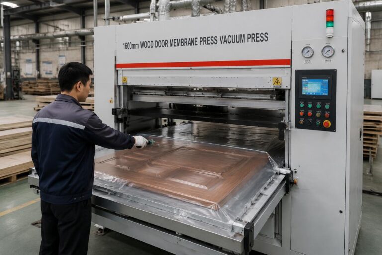 A technician operating a 1600mm wood door membrane press vacuum press in a production facility