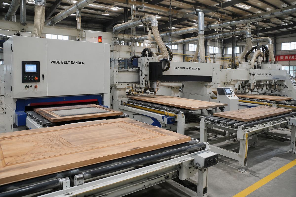 Wood door sanding equipment supplier full line solution A full wood door production line including wide belt sander, engraving machine and drilling station in operation