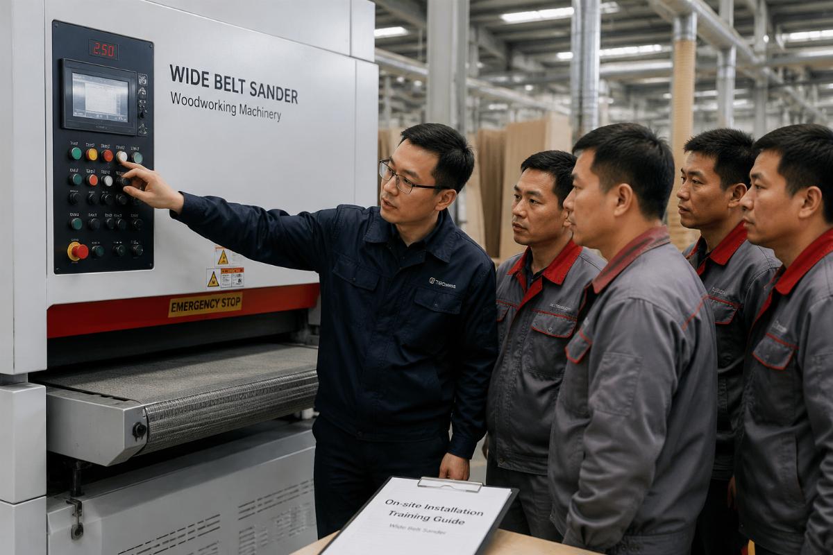 Wood door sanding machine after-sales support An engineer adjusting a wide belt sander settings during on-site installation training for factory staff