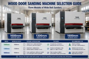 Three models of wide belt sanders arranged in a factory workshop, labeled with 1000mm, 1300mm and 1600mm working widths
