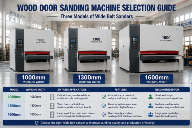 Three models of wide belt sanders arranged in a factory workshop, labeled with 1000mm, 1300mm and 1600mm working widths