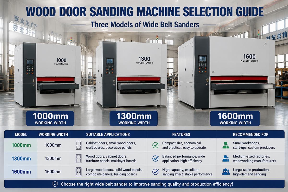 Wood door sanding machine selection guide Three models of wide belt sanders arranged in a factory workshop, labeled with 1000mm, 1300mm and 1600mm working widths